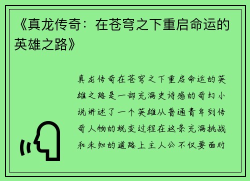 《真龙传奇：在苍穹之下重启命运的英雄之路》